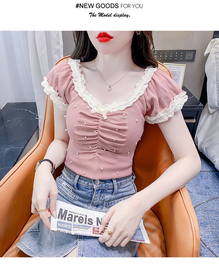 【tops】レース切り替えTシャツ　M24061