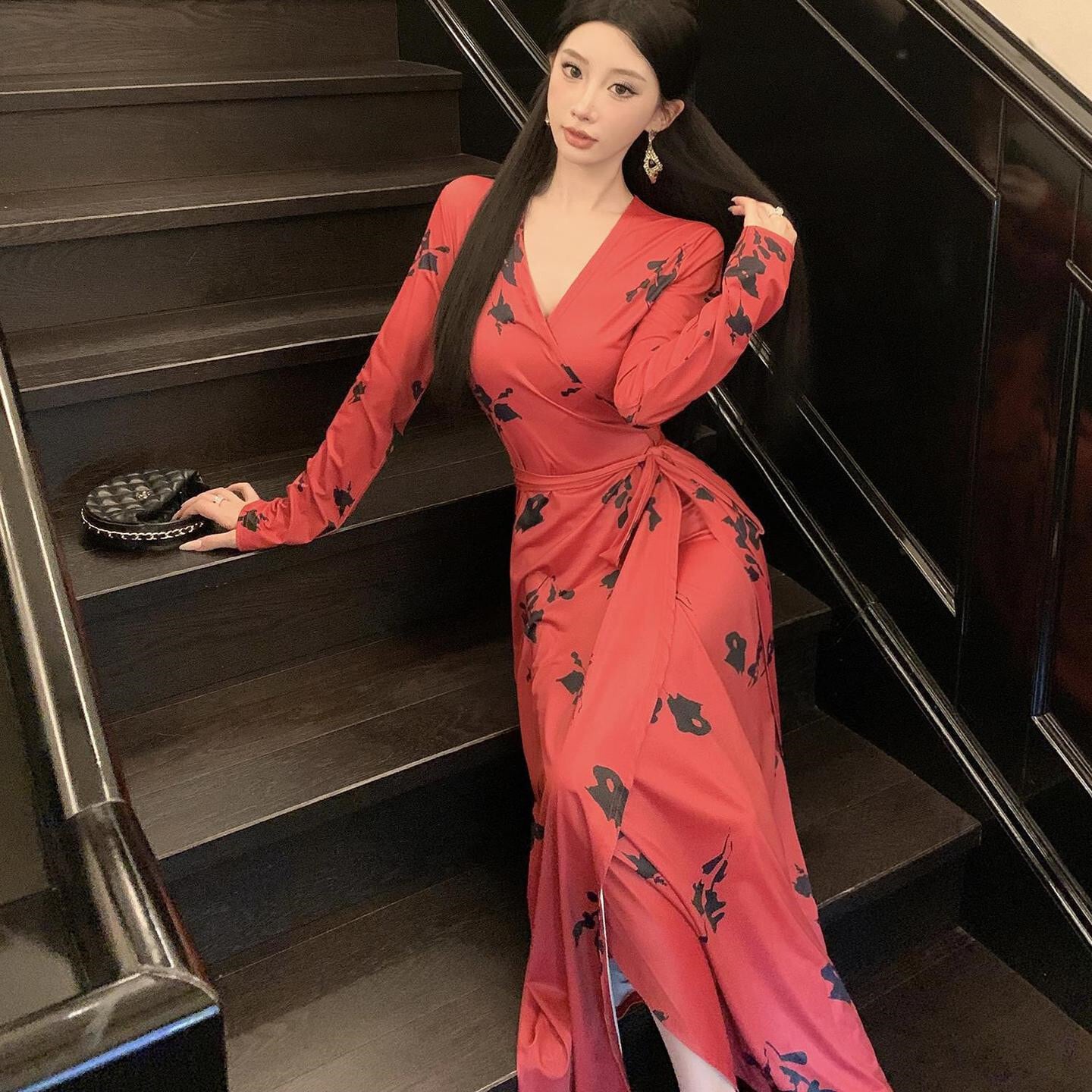 【dress】Vネックプリントワンピース　M29347