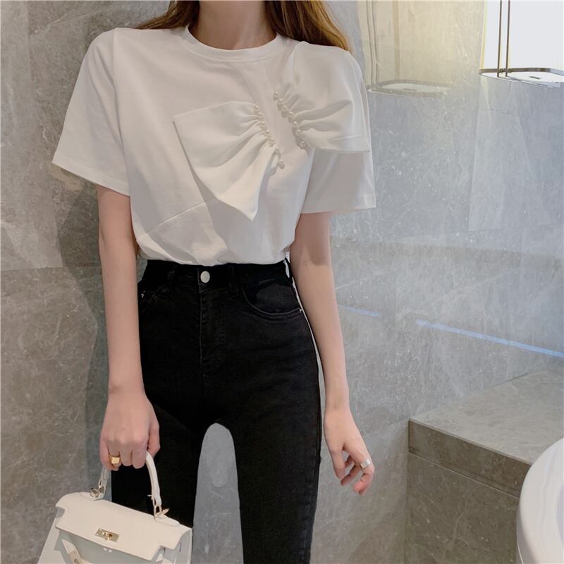 【tops】女性力を高める〜ラウンドネック半袖蝶々結び無地ゆったり着回しTシャツ