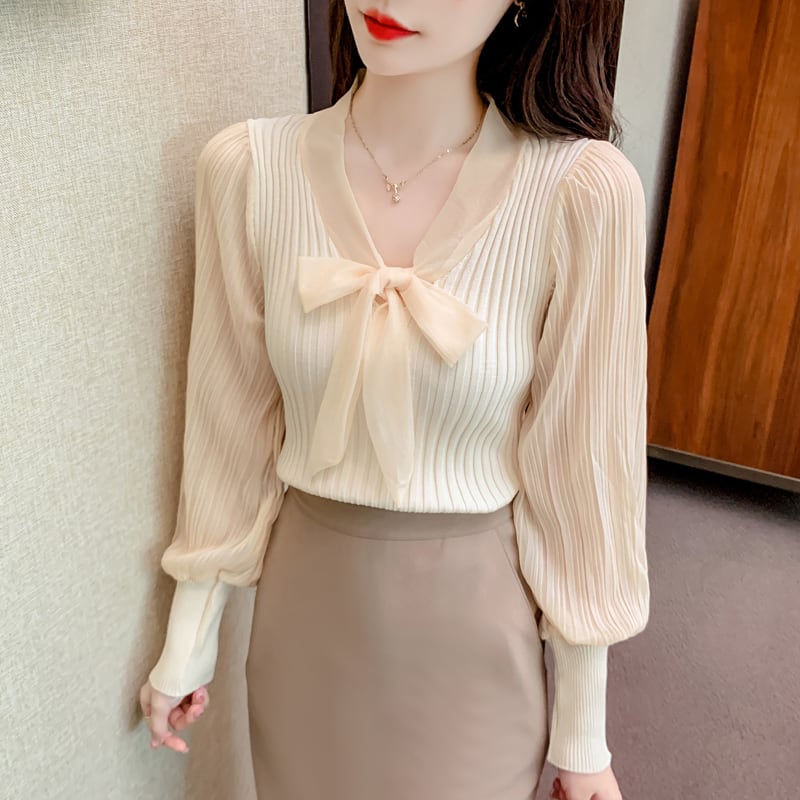 【tops】Vネック切り替えニットブラウスG16806