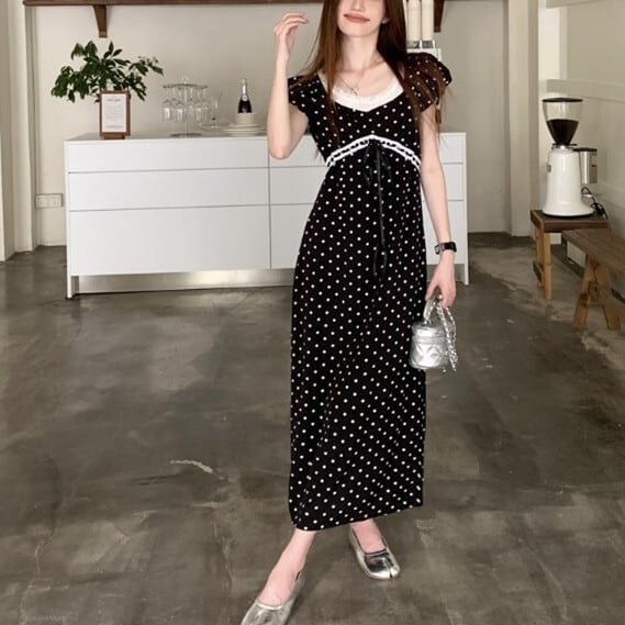 【dress】レース切り替えドット柄ワンピース　M29690