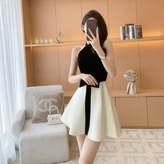 【dress】オシャレ度満点〜OL通勤ホルターネックノースリーブ配色切り替えAラインワンピースF5509