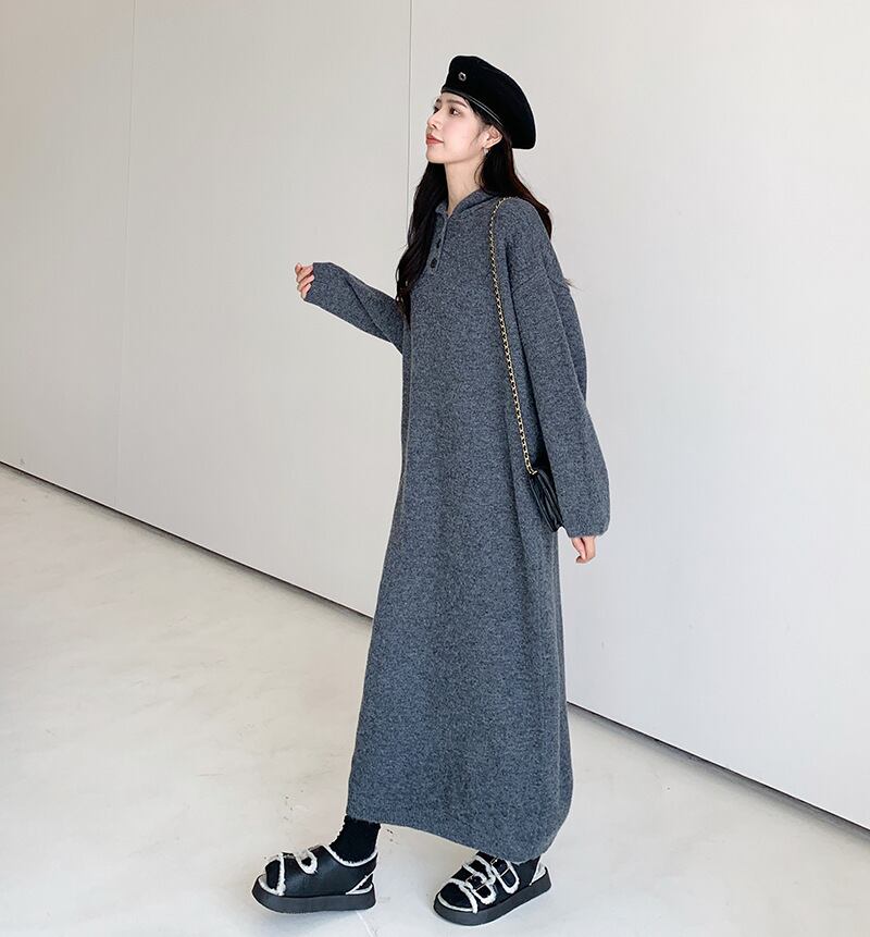 【dress】フード付きロングニットワンピース　N2186