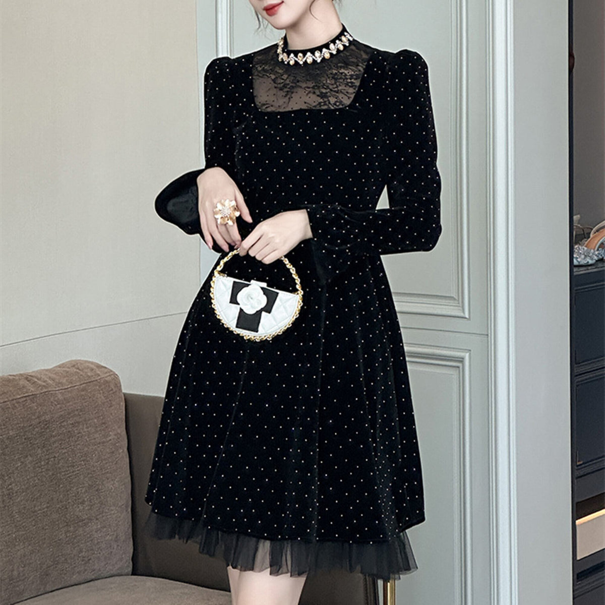 【dress】レースドッキングラインストーンベロアワンピース　N3420