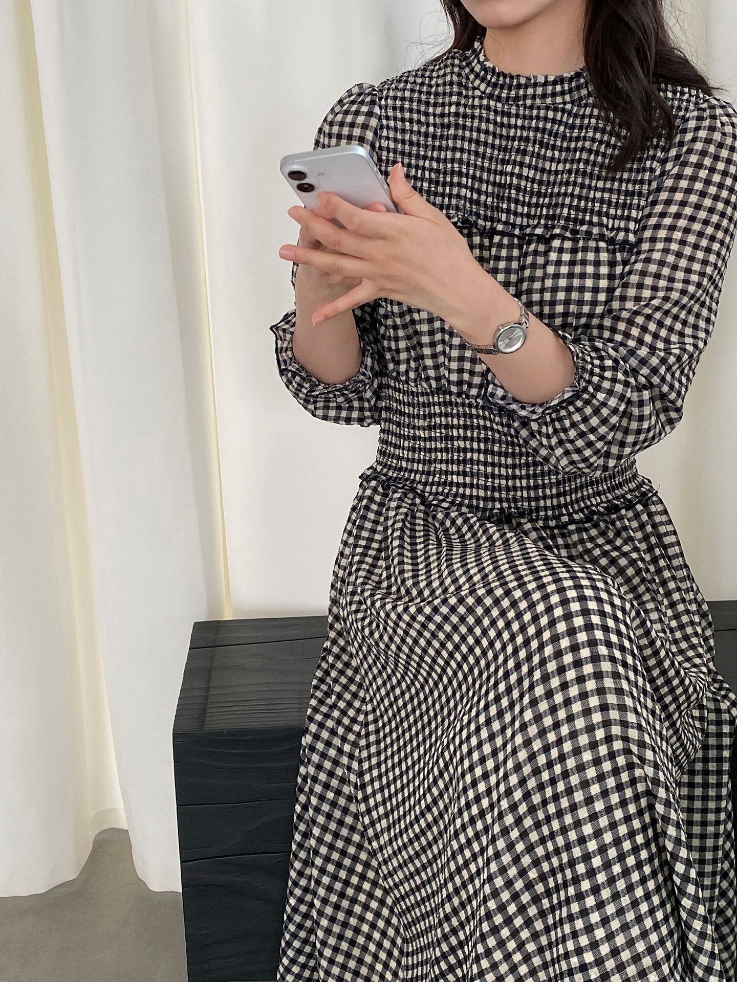【dress】チェック柄ロングワンピース Q8249