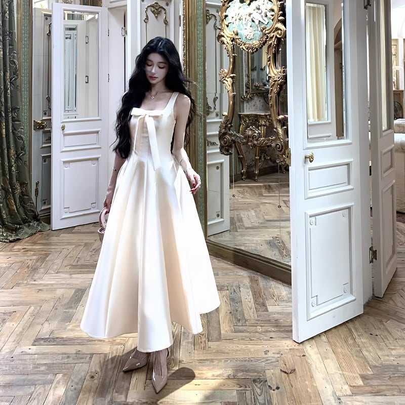 【dress】リボン付きフレアロングキャミワンピース Q8380