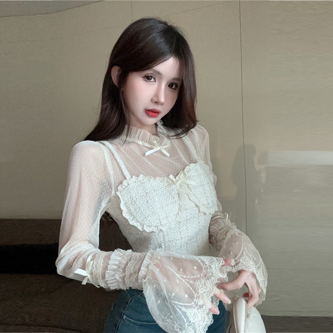 【tops】レース偽二つ切り替えブラウスG20399