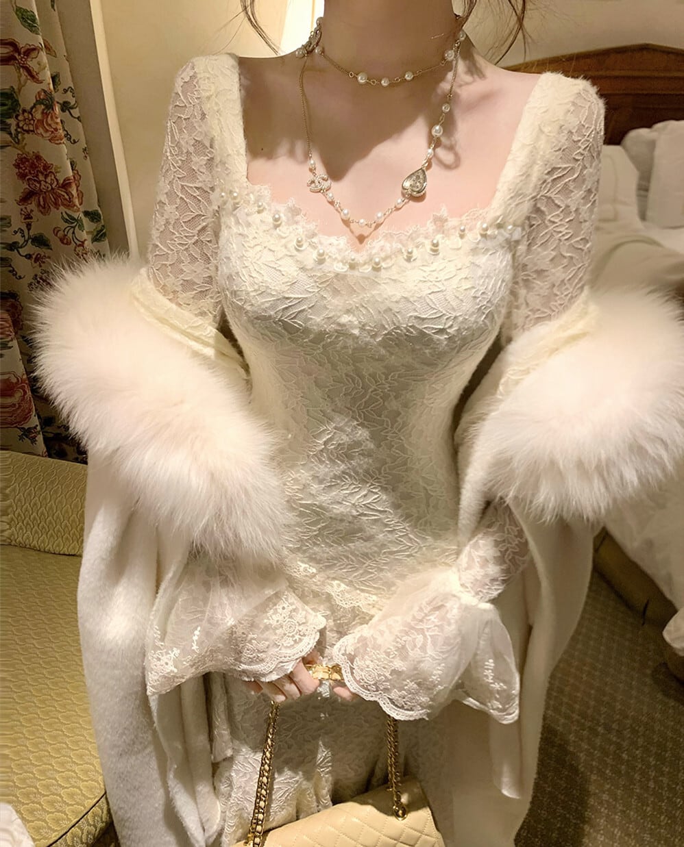 【dress】ベルスリーブマーメイドレースワンピース　N3499