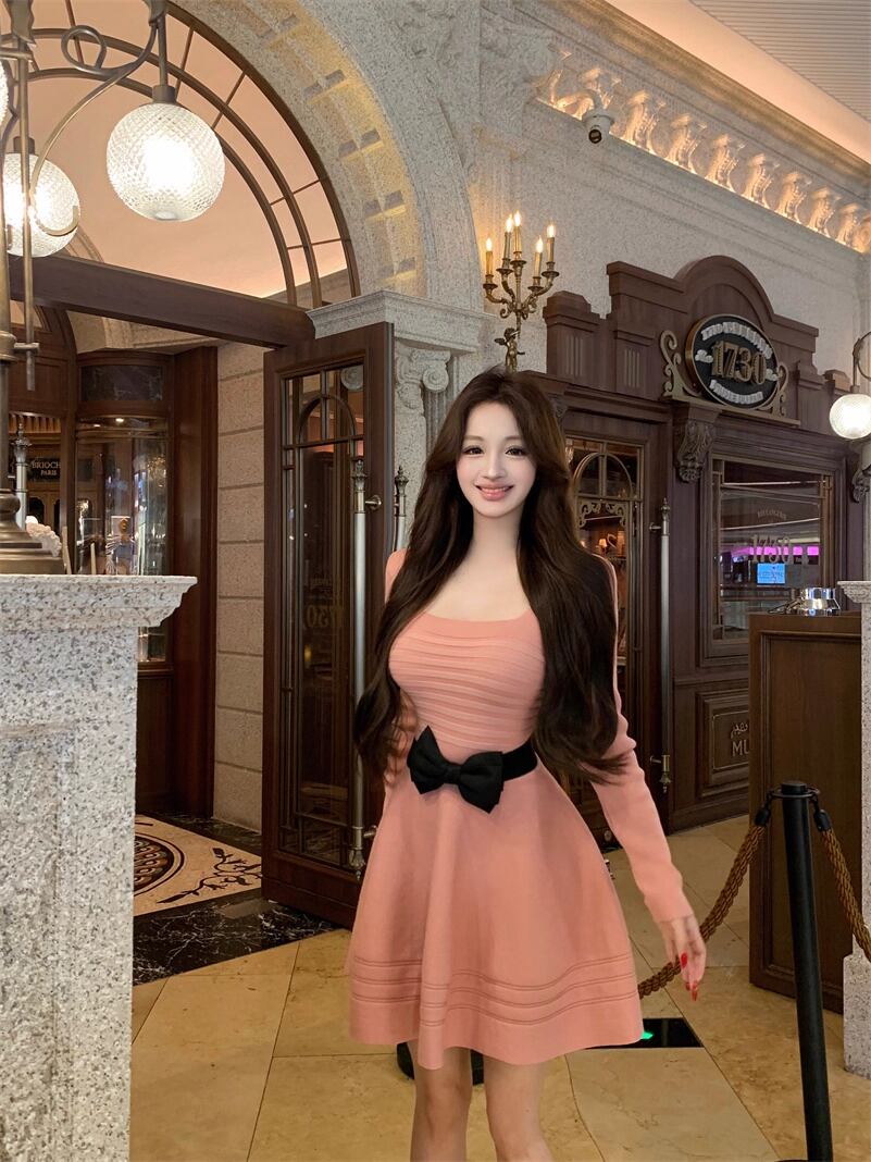 【dress】リボンベルト付きニットワンピース Q7343