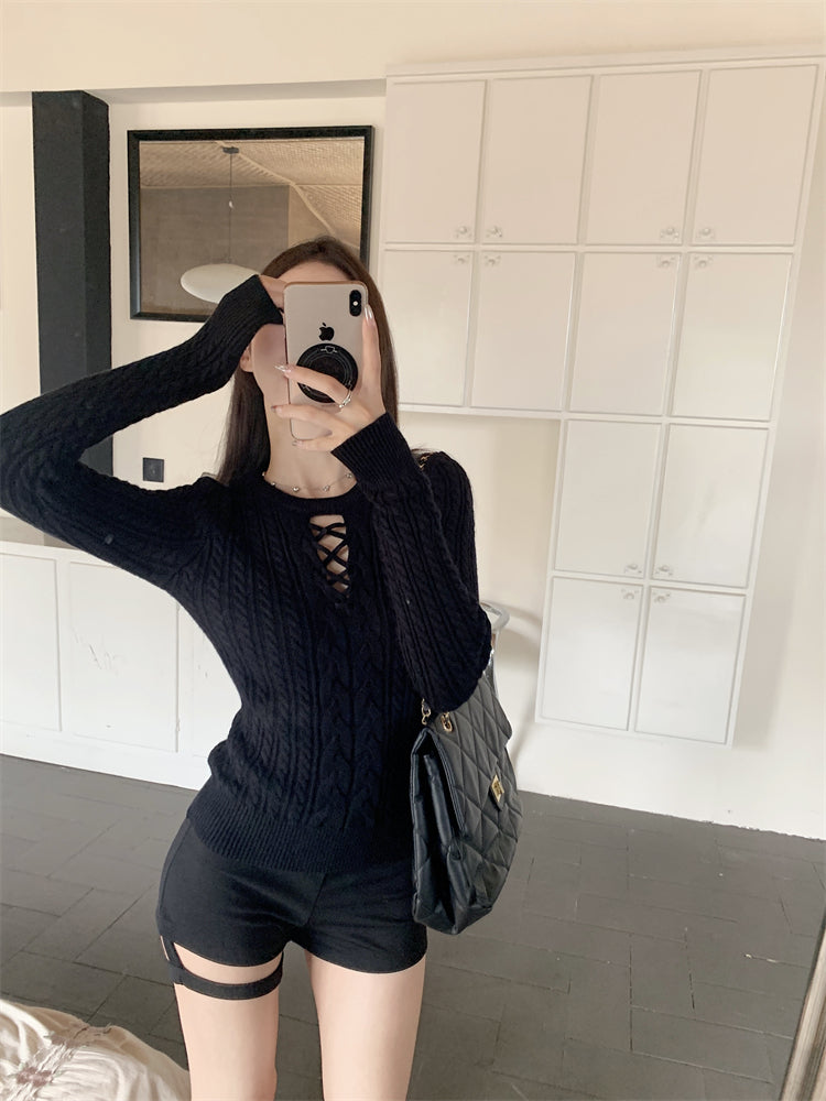 【tops】透かし彫り長袖ニットセーターG24515