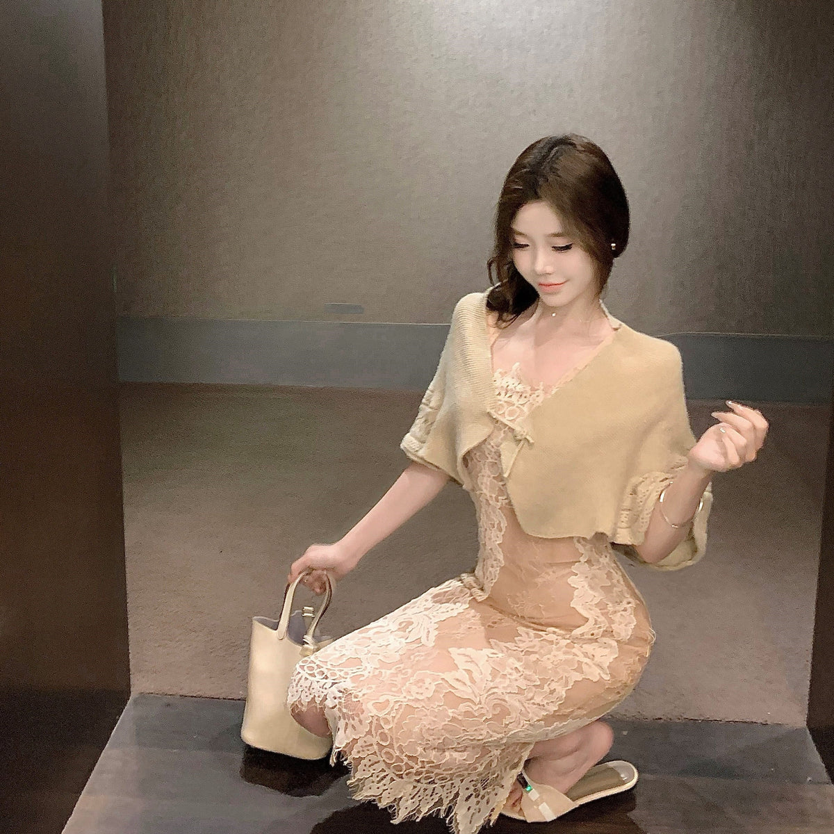 【set】ニットケープ×レースワンピースセット     N2689