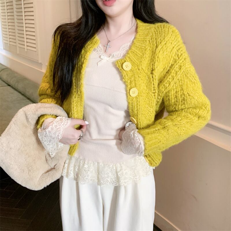 【set】レース切り替えトップス×ニットカーデセット　M28336