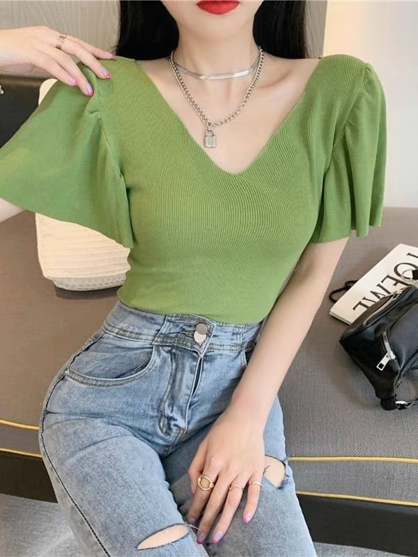 【tops】4色フレアスリーブニットＴシャツF7516