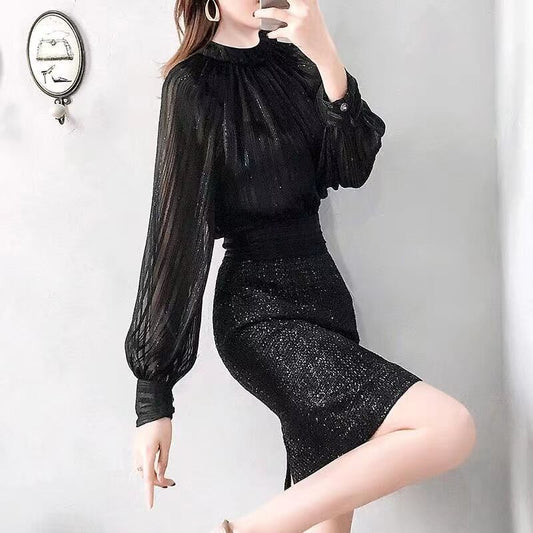 【dress】今季トレンド長袖切り替え韓国ファッションOL通勤無地パーティー卒業式タイトワンピースF1552