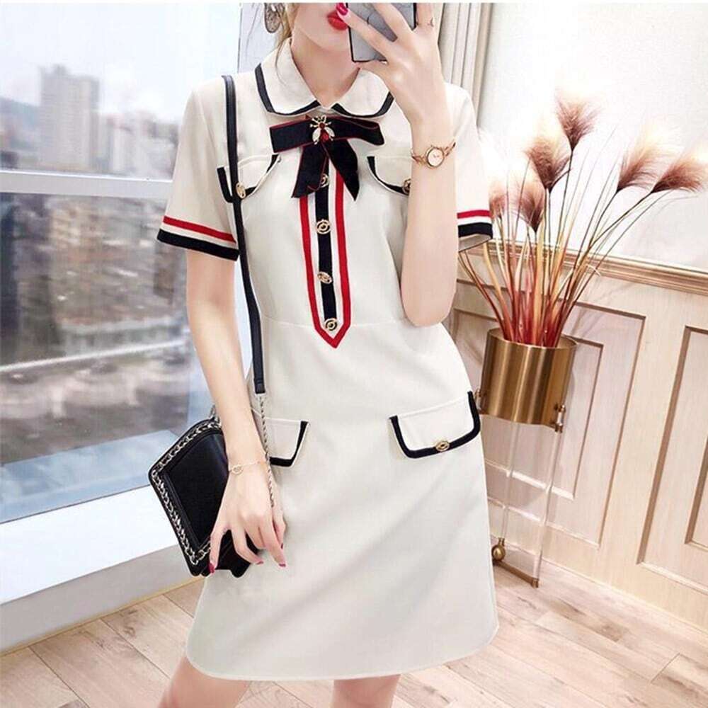 【dress】美感いっぱい2色POLOネック半袖配色韓国ファッションOL通勤ワンピースF2686