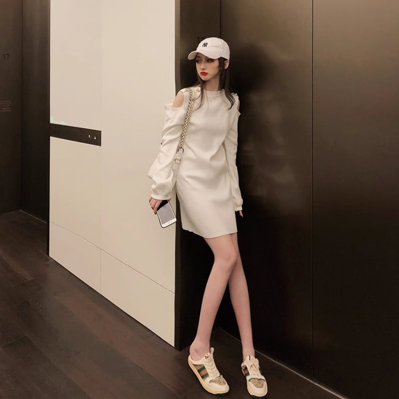 【dress】オープンショルダーニットワンピース Q7576