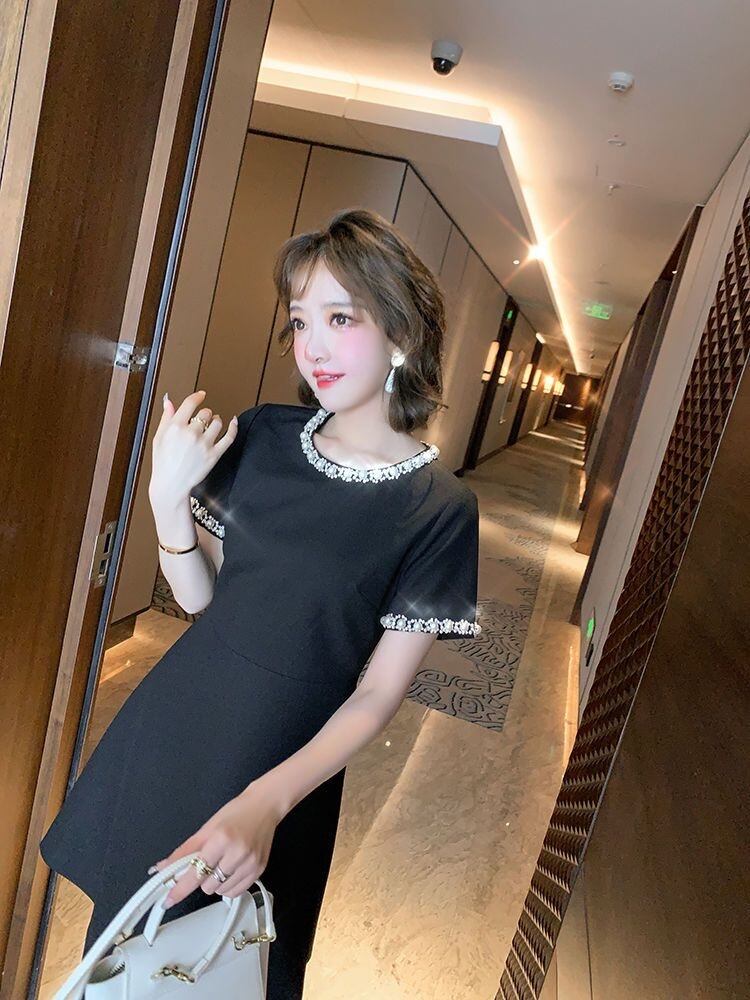 【dress】美人度アップラウンドネック半袖ビーズ飾り無地韓国ファッションワンピースF5030