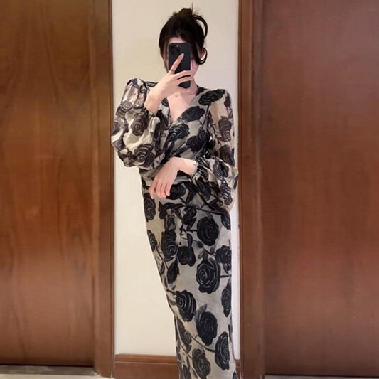 【dress】フランス風プリントVネックデートワンピースG23637