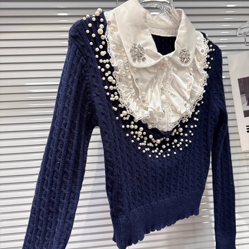 【tops】パール付きフェイクレイヤードニットトップス Q7998