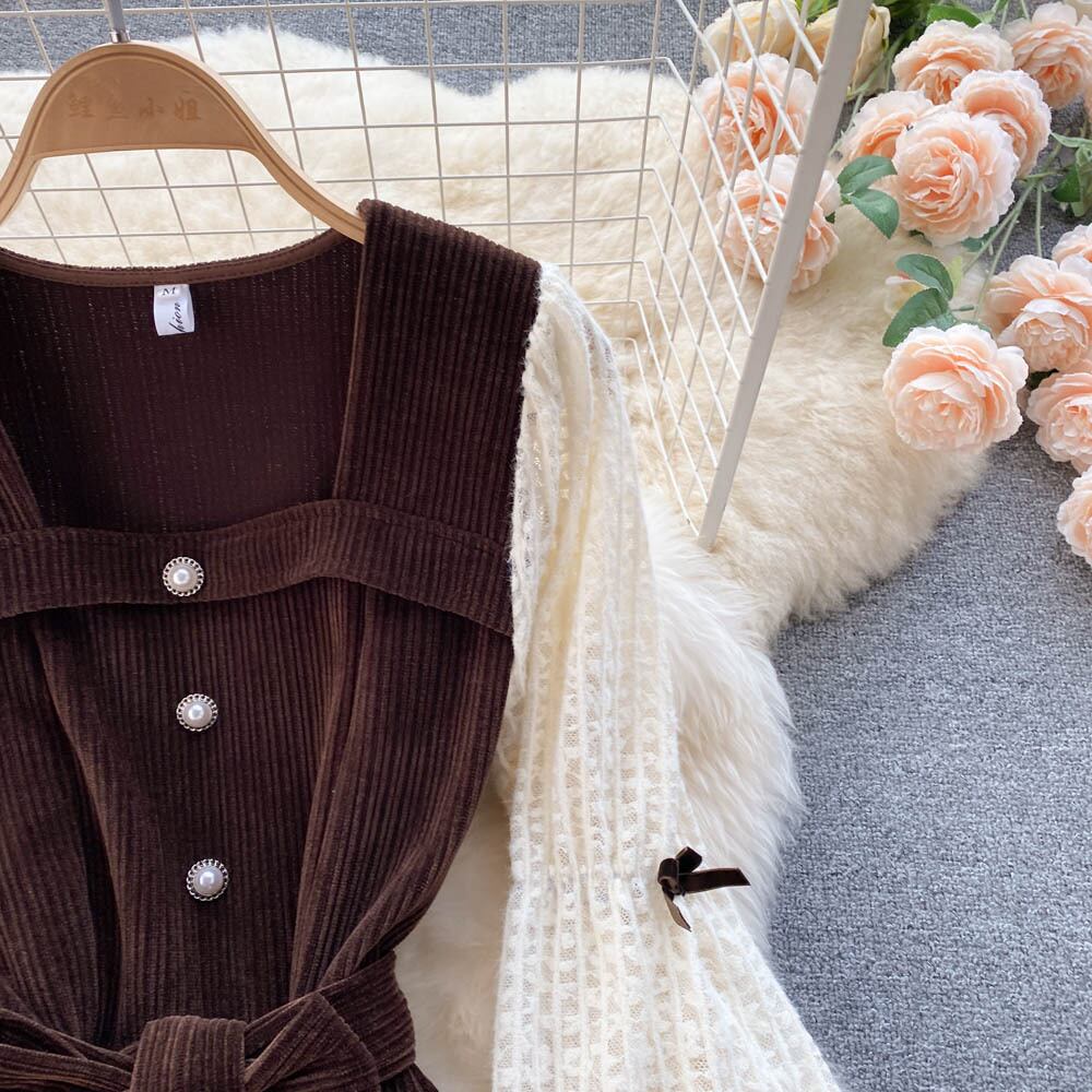 【dress】ファッションレトロスウィートデザインレース切り替えパフスリーブワンピース G3200