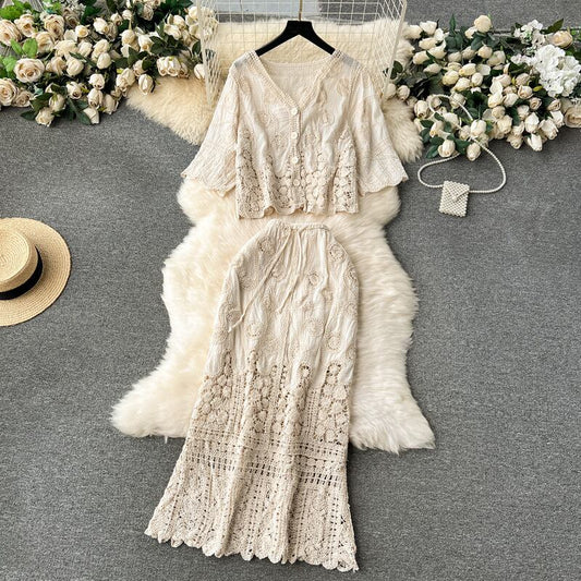 【set】半袖ブラウス+カート透かし彫り２点セットF7043