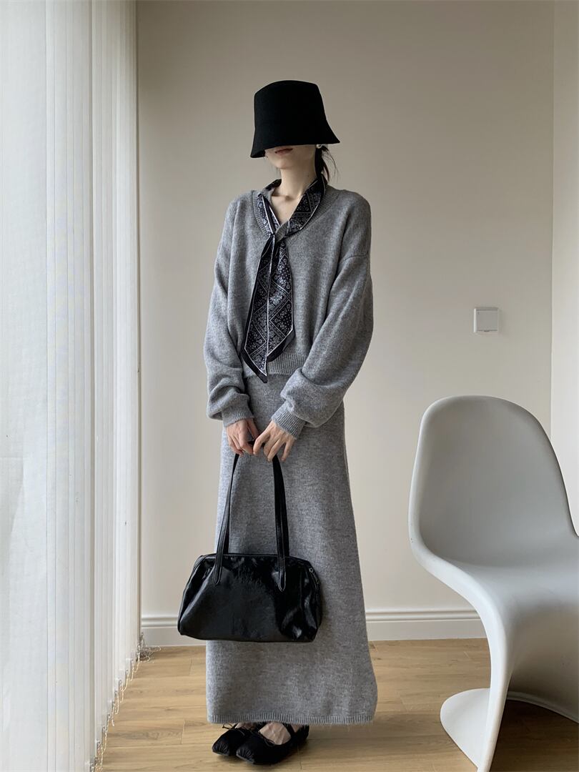 【set】スカーフ付きニットトップス×ロングスカートセット　N3452