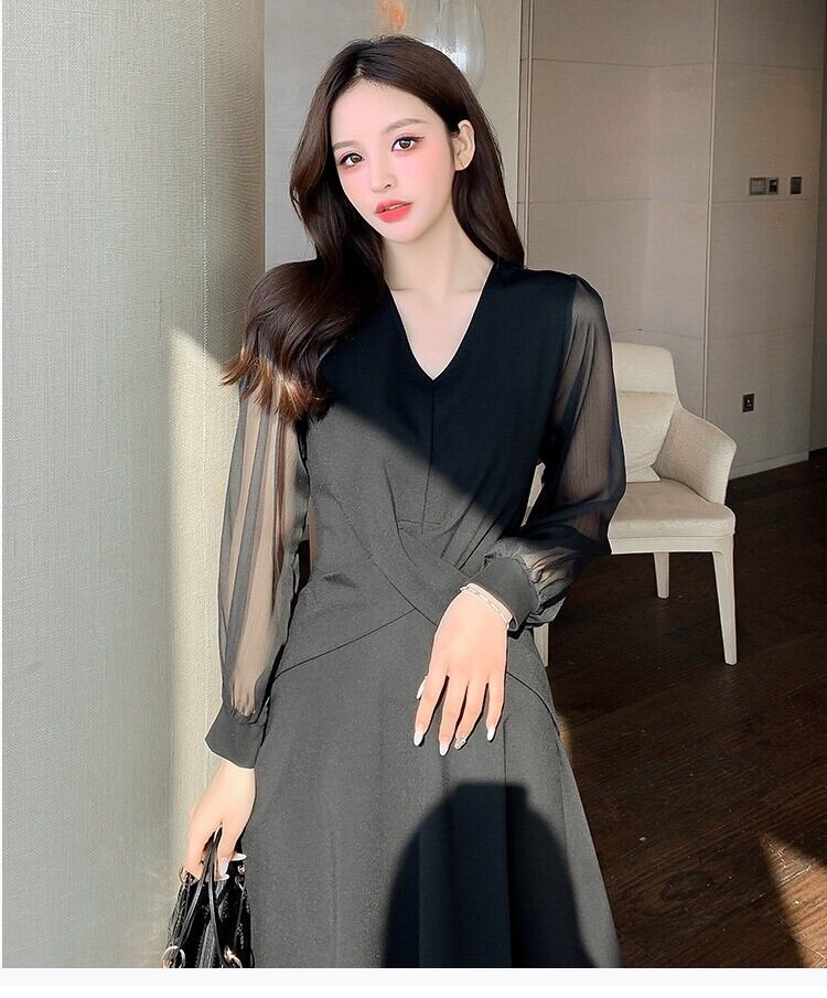 【dress】フランス風 気質満点レトロシフォン切り替えスリットワンピース G1675