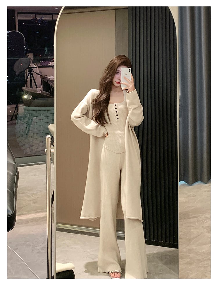 【set】ホルターネックトップス×ロングカーディガン×ワイドパンツ3点セット　N2766