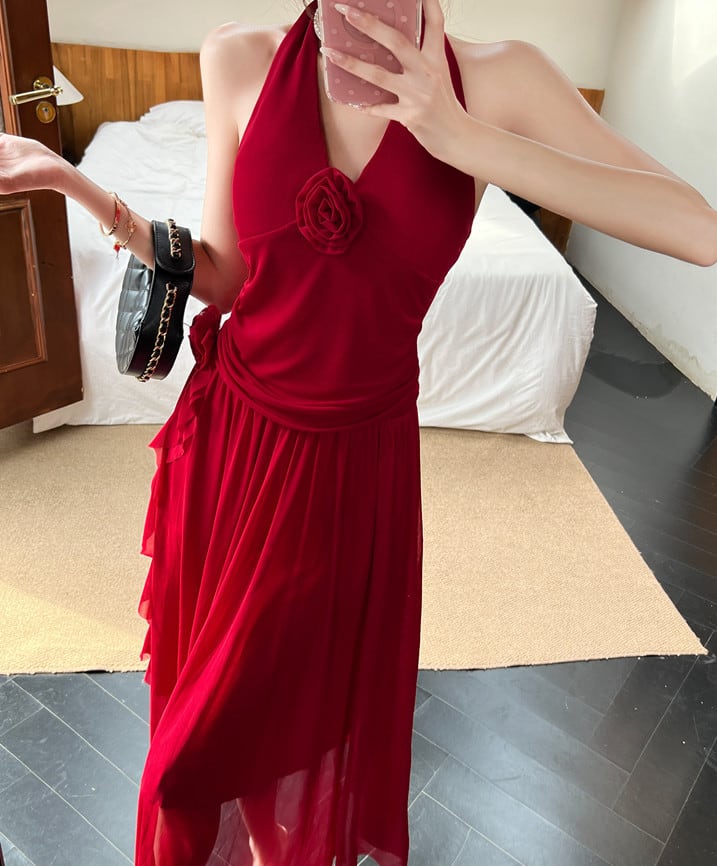 【dress】ノースリーブホルターネックロングワンピース Q8190