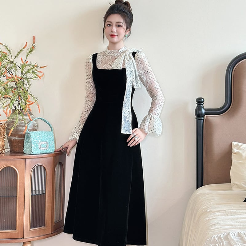 【dress】ドット柄チュールドッキングベルベットワンピース Q7365