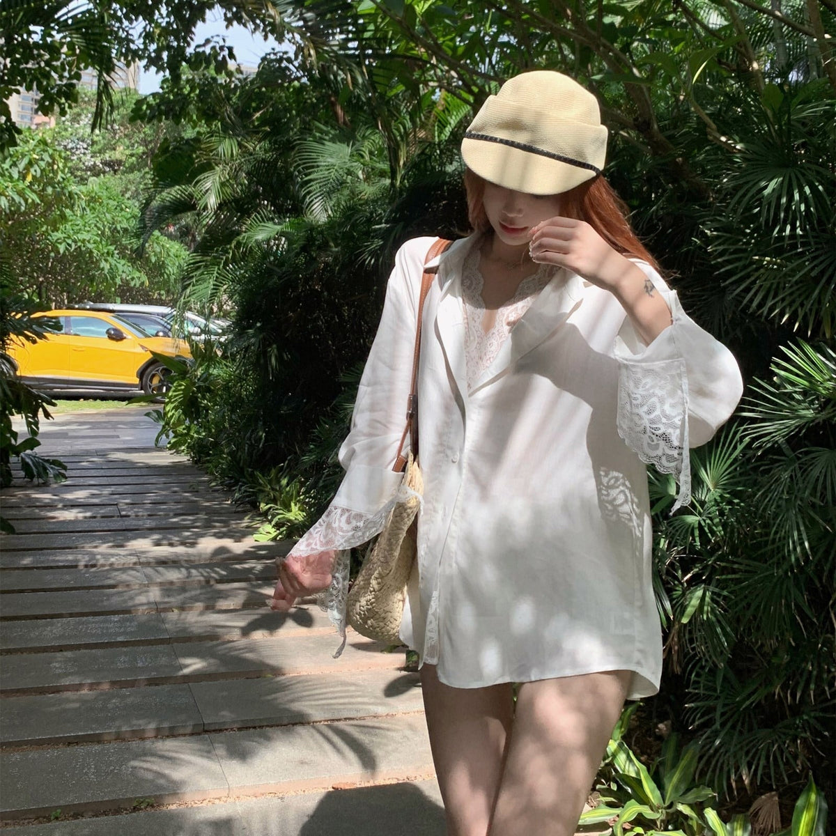 【tops】UVカットレース切り替えシャツ　N2684