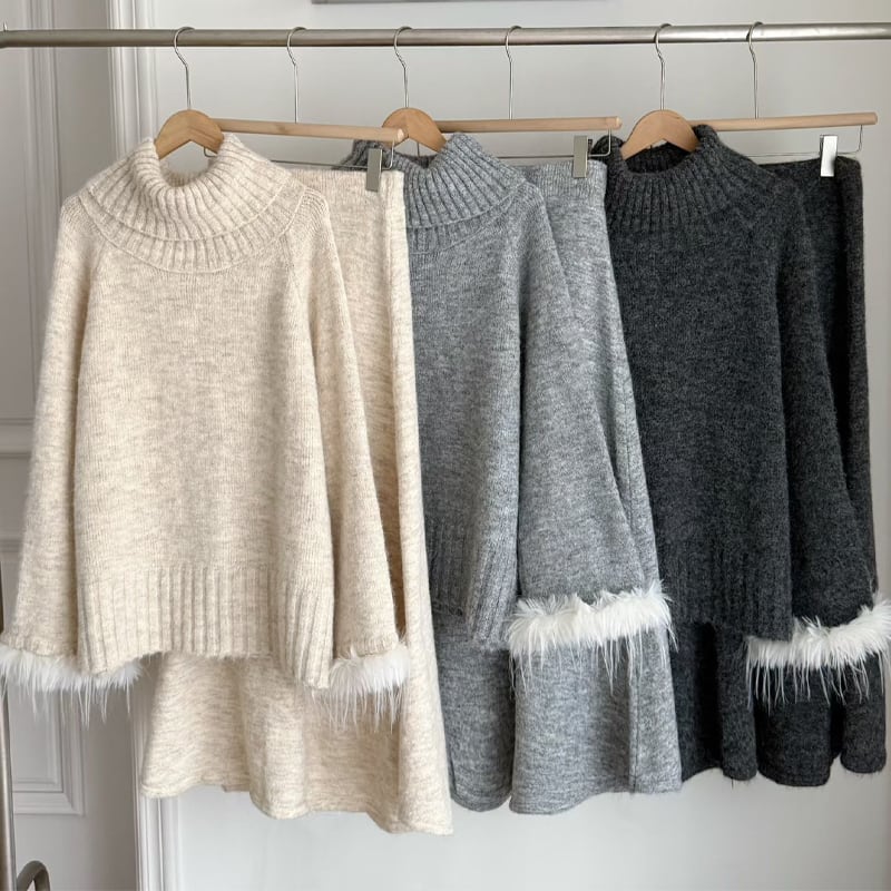 【set】2WAY袖ファーニットトップス×ロングスカートセット Q7279