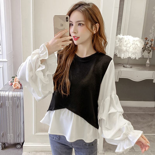 【tops】韓国ファッション早秋新作ラウンドネック長袖パフ袖偽二つ切り替えニットブラウスF0743