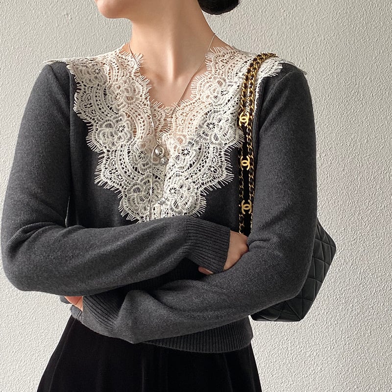 【tops】Vネックレースドッキングニットトップス Q7241