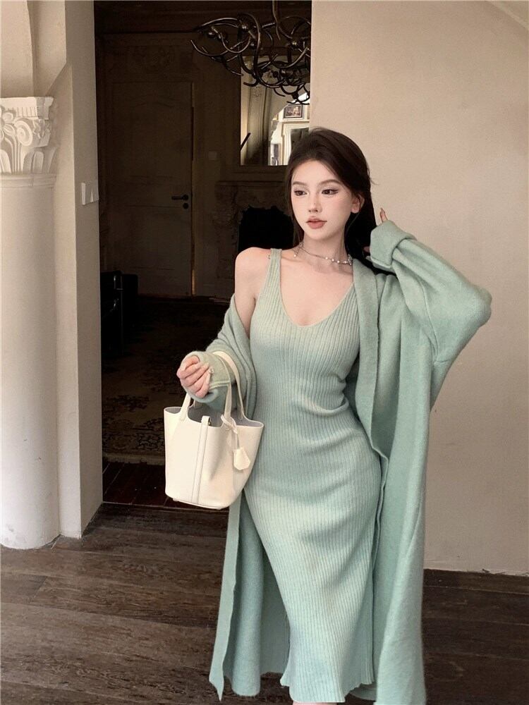 【set】ロング丈カーディガン×ニットワンピースセット　N2021