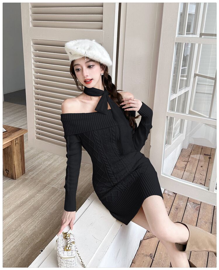 【dress】リボンオフショルニットワンピース　N2855