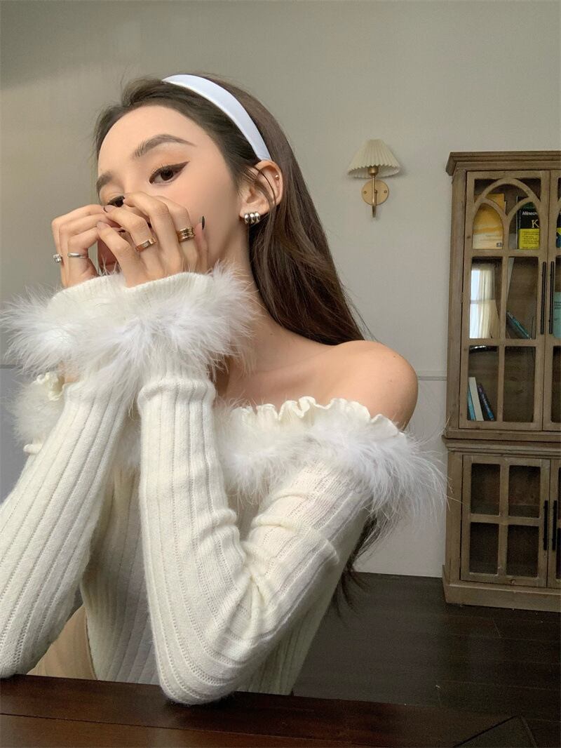 【tops】ファーオフショルダーニットトップス　M28262