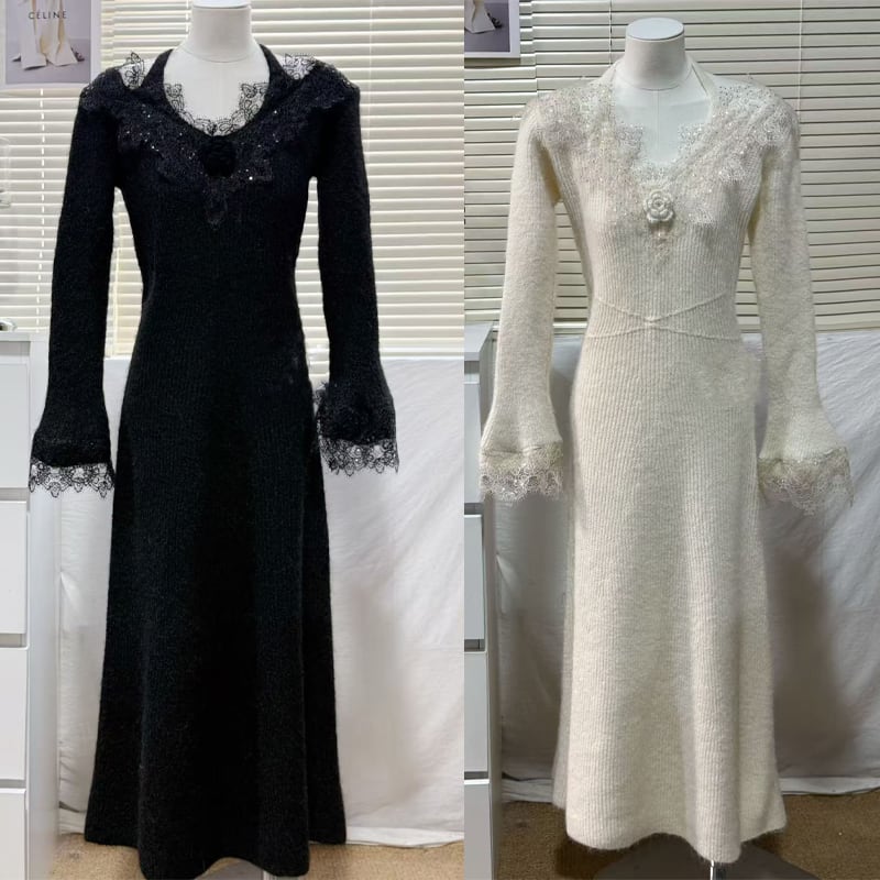 【dress】レースドッキングニットワンピース Q7479