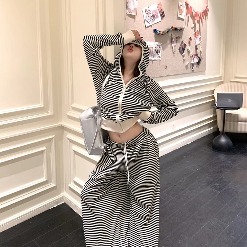 【set】ボーダー柄ジップアップ×ワイドパンツセット Q8144