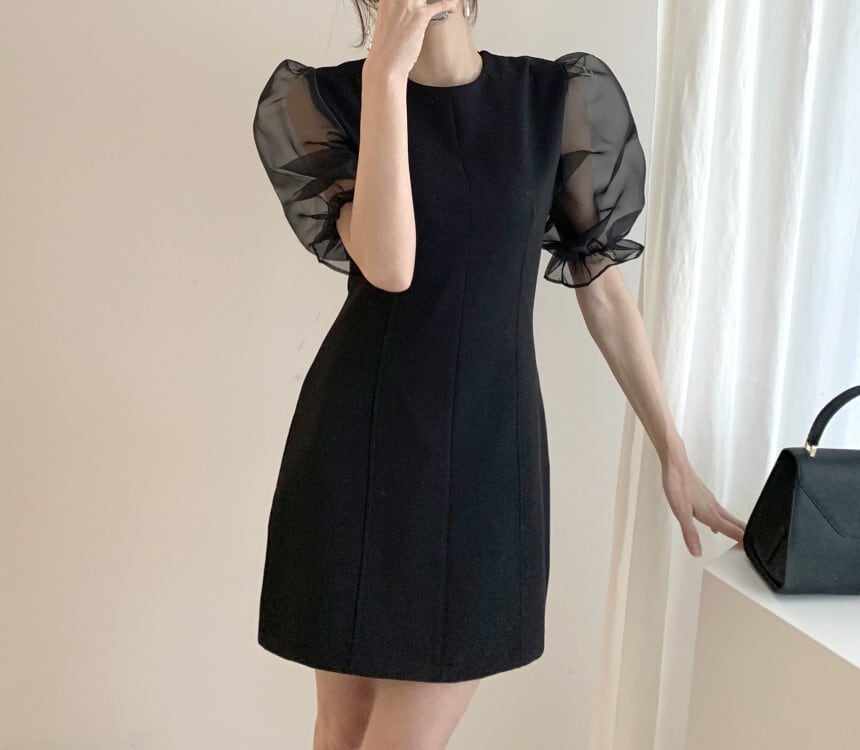 【dress】チュールスリーブ切り替えワンピース　M23986