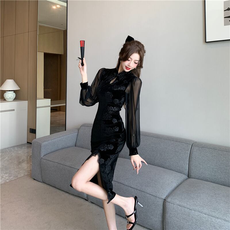 【dress】チュールコンビレーススリットワンピース　M29351