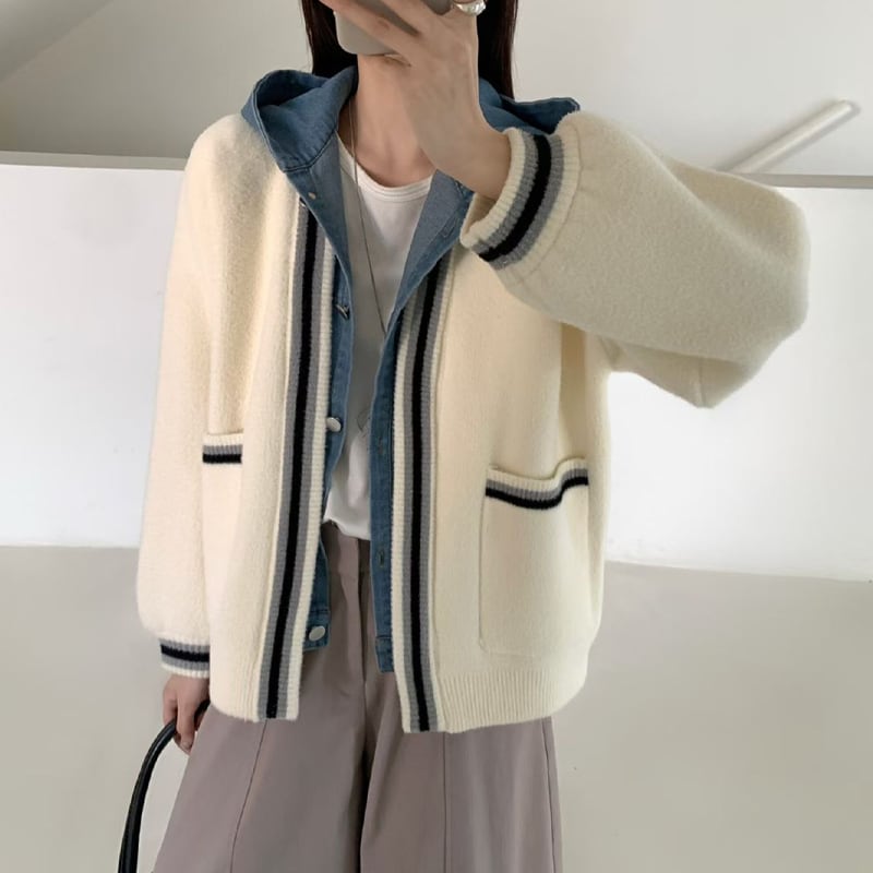 【outer】フェイクレイヤードニットカーディガン Q7204