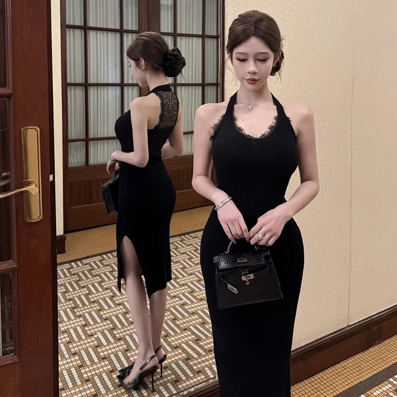 【dress】レースドッキングロングニットワンピース Q8002