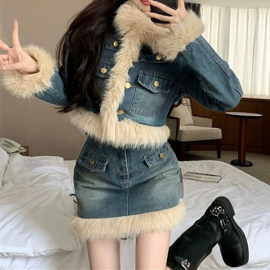 【set】デニムジャケット+ファー付きスカートセットアップ F6485