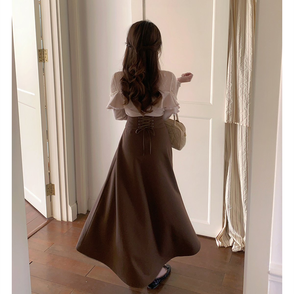 【set】レースフリルニットトップス×ロングスカートセット N3477