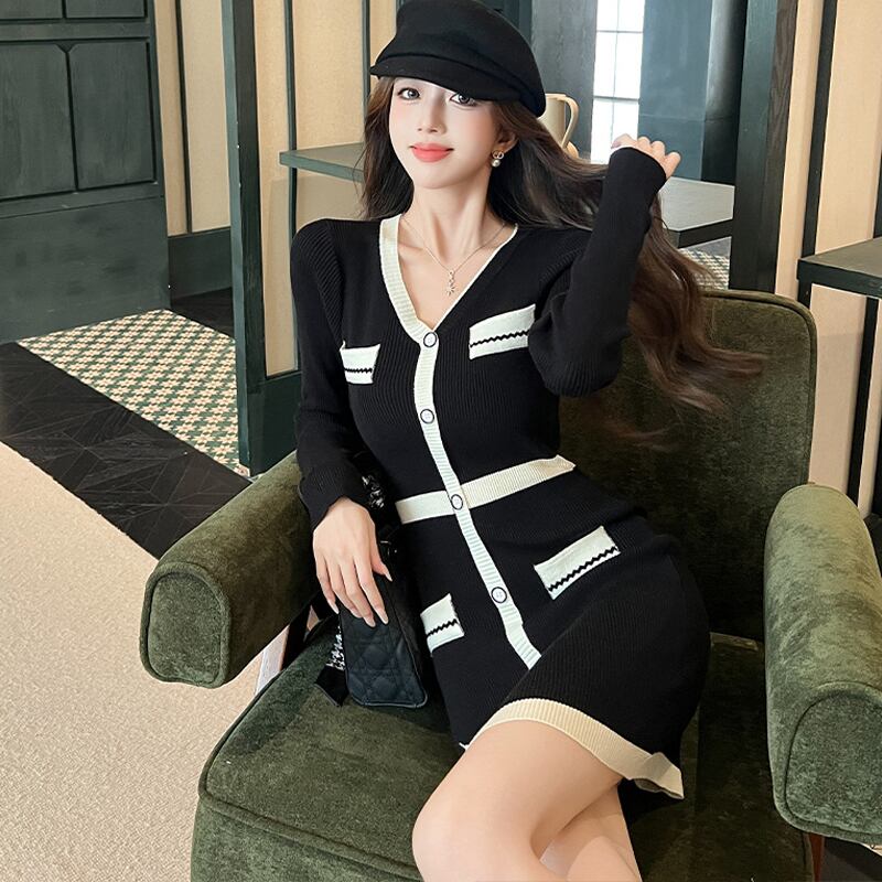 【dress】Vネックニットワンピース Q6940
