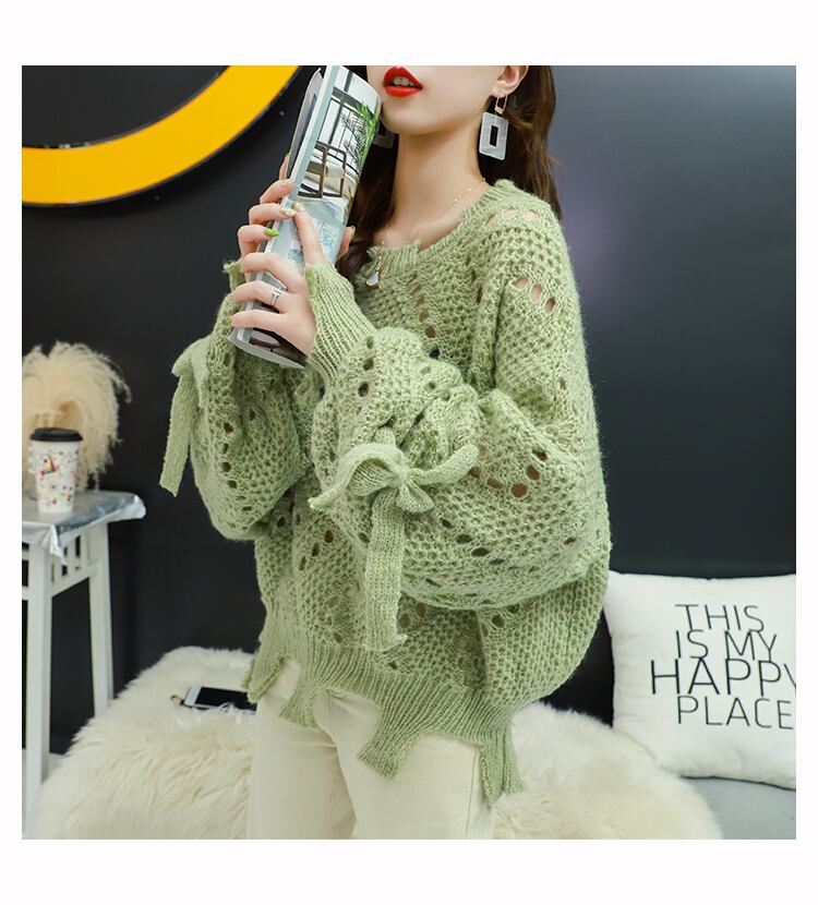 【tops】韓国ファッション3色ラウンドネック長袖透かし彫り薄手ニットセーターF0634