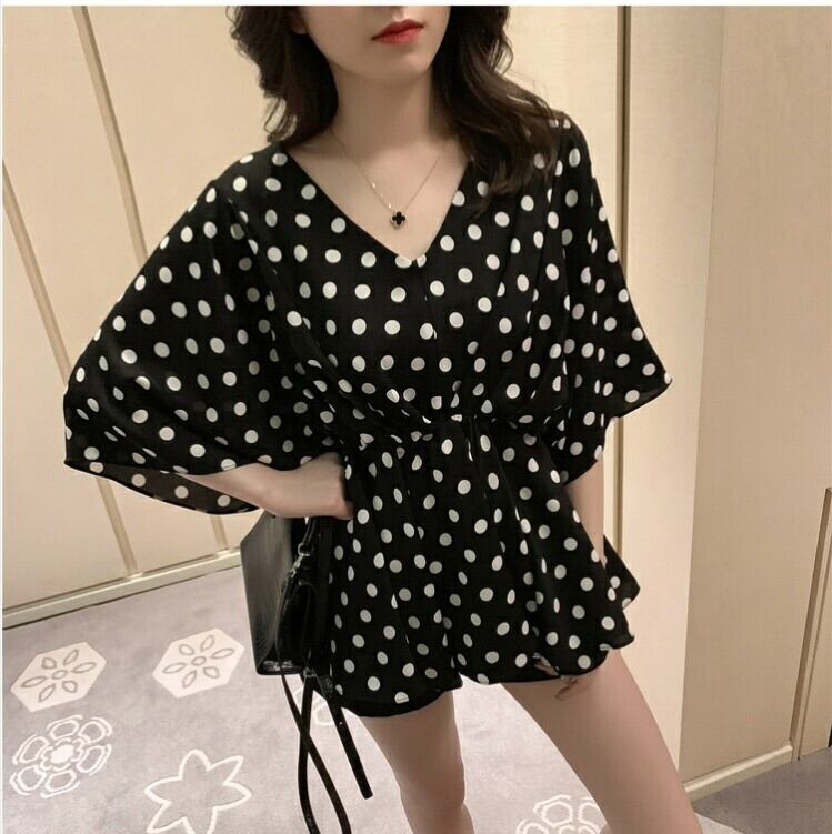 【tops】好感度満載！Vネック半袖シフォンドット柄ウェスト絞りファッションブラウスF0373
