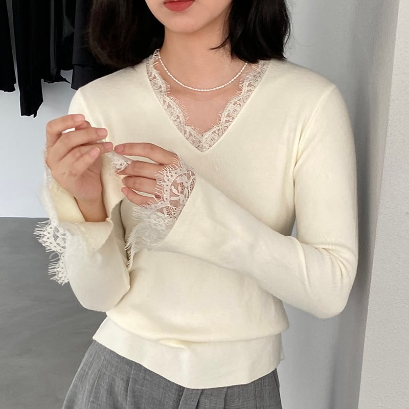 【tops】レースドッキングニットトップス Q7236