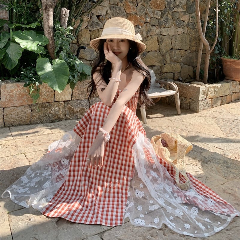 【dress】レースドッキングチェック柄ワンピース　M29795